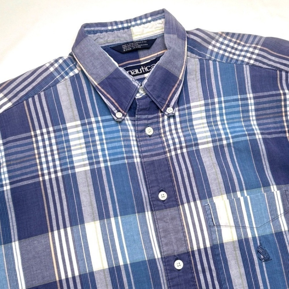 Nautica Mens Short Sleeve Plaid Cotton Regular Fit Button Down Shirt Blue SIze L